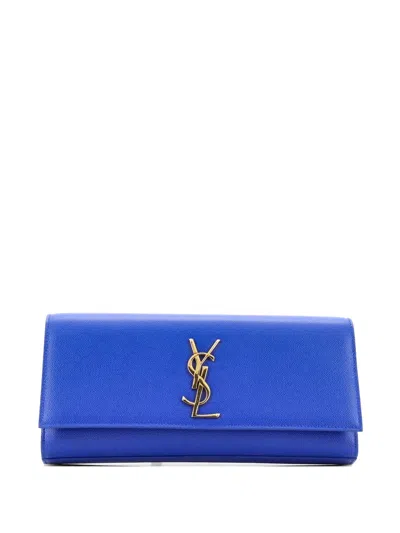 Pre-owned Saint Laurent Classic Monogram Leather Long Clutch Bag In Blue
