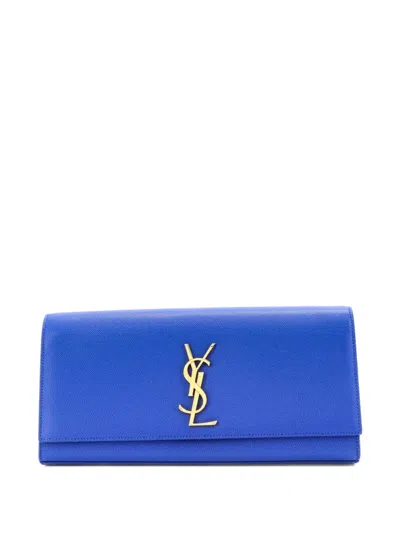 Pre-owned Saint Laurent Classic Monogram Metallic Calfskin Long Clutch Bag In Blue