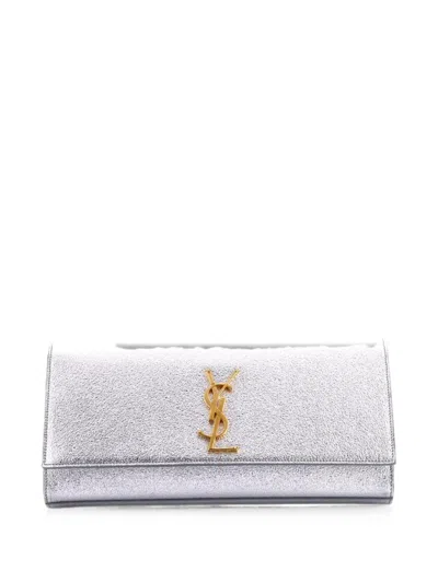 Pre-owned Saint Laurent Classic Monogram Metallic Calfskin Long Clutch Bag In Gray