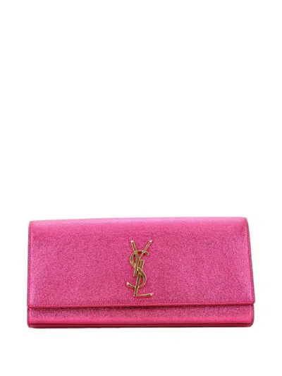 Pre-owned Saint Laurent Classic Monogram Metallic Calfskin Long Clutch Bag In Pink