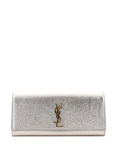 Pre-owned Saint Laurent Classic Monogram Metallic Calfskin Long Clutch Bag In Silver