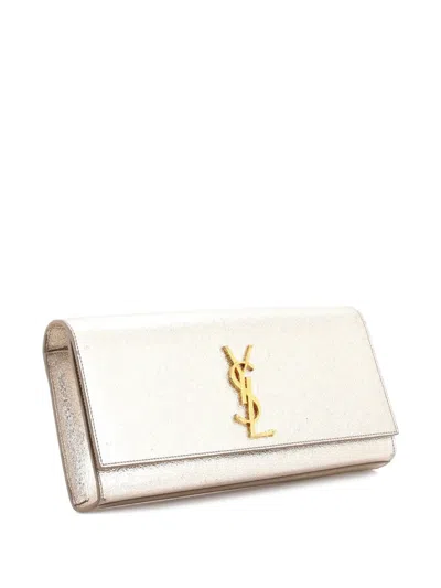 Pre-owned Saint Laurent Classic Monogram Metallic Calfskin Long Clutch Bag In Silver