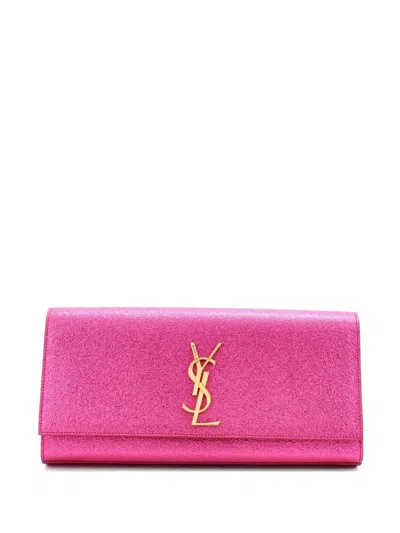 Pre-owned Saint Laurent Classic Monogram Metallic Calfskin Long Clutch Bag In Silver