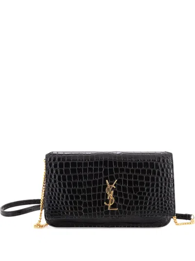 Pre-owned Saint Laurent Classic Monogram Phone Holder Shoulder Bag Crocodile Embossed Leather Crossbody Bag In Black