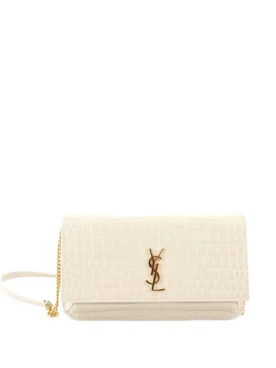 Pre-owned Saint Laurent Classic Monogram Phone Holder Shoulder Bag Crocodile Embossed Leather Crossbody Bag In Neutral