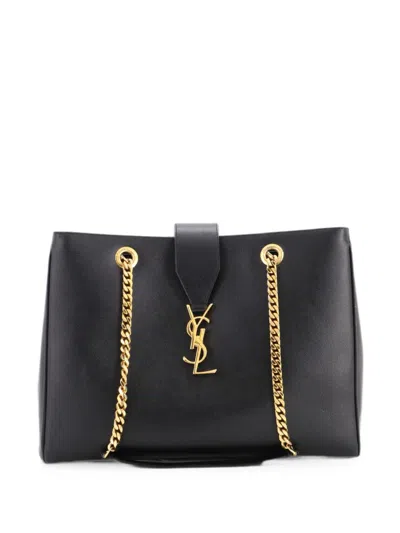 Pre-owned Saint Laurent Classic Monogram Shopper Leather Large Tote Bag In Black