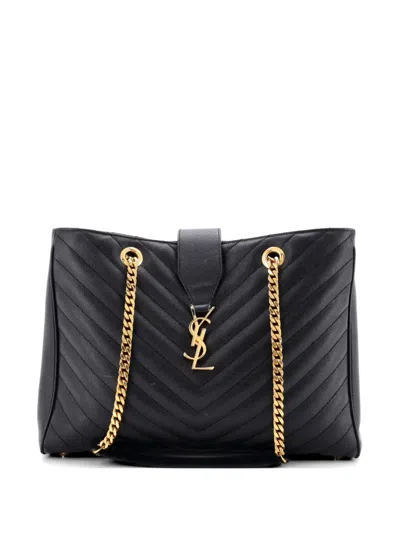 Pre-owned Saint Laurent Classic Monogram Shopper Matelasse Chevron Leather Large Tote Bag In Black