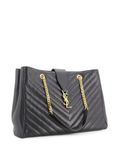 Pre-owned Saint Laurent Classic Monogram Shopper Matelasse Chevron Leather Large Tote Bag In Black