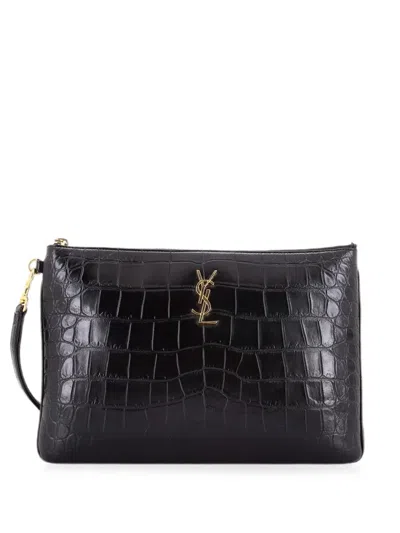 Pre-owned Saint Laurent Classic Monogram Tablet Wristlet Pouch Crocodile Embossed Leather Clutch Bag In Black