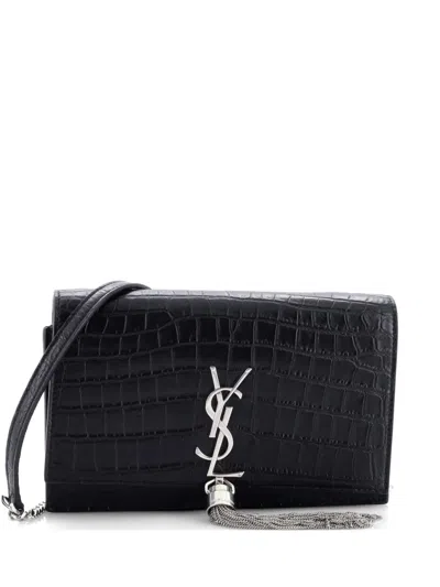 Pre-owned Saint Laurent Classic Monogram Tassel Chain Wallet Crocodile Embossed Leather Crossbody Bag In Black