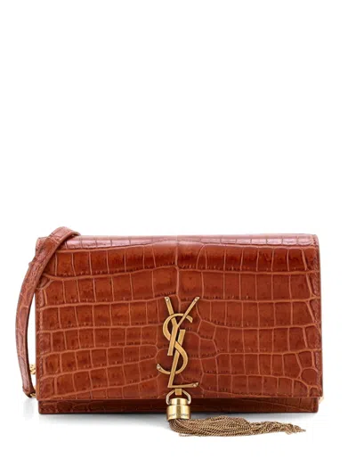 Pre-owned Saint Laurent Classic Monogram Tassel Chain Wallet Crocodile Embossed Leather Crossbody Bag In Brown