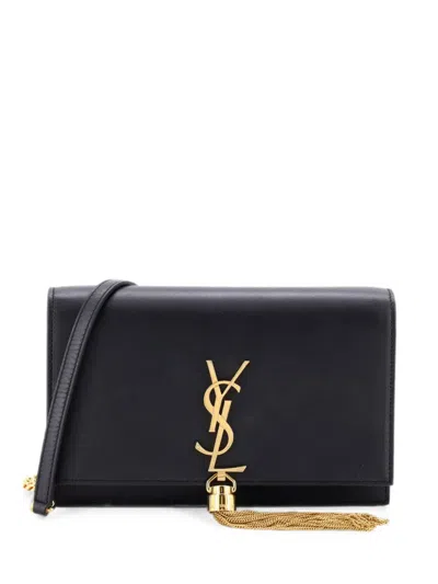 Pre-owned Saint Laurent Classic Monogram Tassel Chain Wallet Leather Crossbody Bag In Black