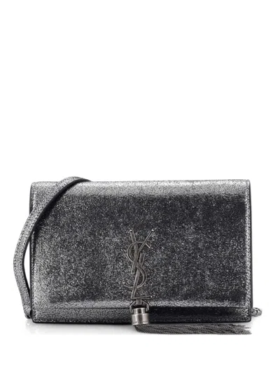Pre-owned Saint Laurent Classic Monogram Tassel Chain Wallet Leather Crossbody Bag In Silver