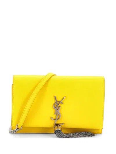 Pre-owned Saint Laurent Classic Monogram Tassel Chain Wallet Leather Crossbody Bag In Yellow