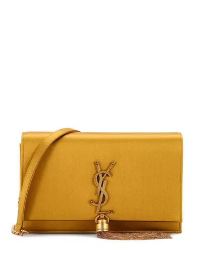 Pre-owned Saint Laurent Classic Monogram Tassel Chain Wallet Satin Shoulder Bag In Gold