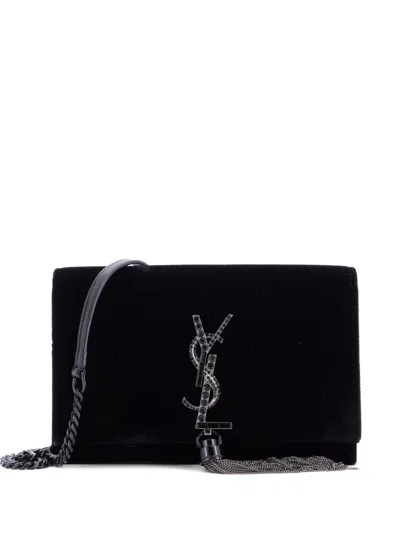 Pre-owned Saint Laurent Classic Monogram Tassel Chain Wallet Velvet Crossbody Bag In Black
