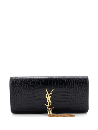 Pre-owned Saint Laurent Classic Monogram Tassel Crocodile Embossed Leather Long Clutch Bag In Black