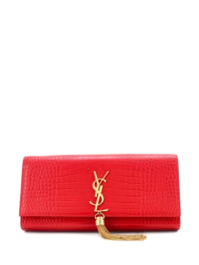 Pre-owned Saint Laurent Classic Monogram Tassel Crocodile Embossed Leather Long Clutch Bag In Red