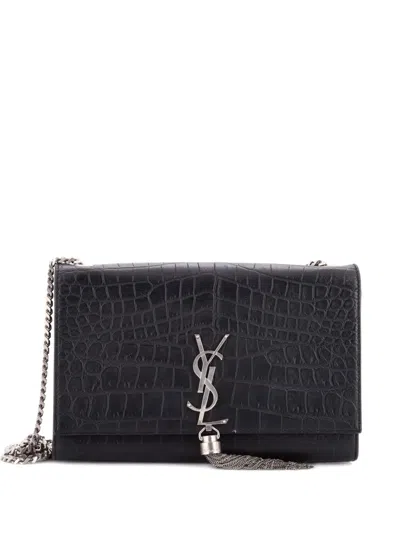 Pre-owned Saint Laurent Classic Monogram Tassel Crocodile Embossed Leather Medium Crossbody Bag In Black
