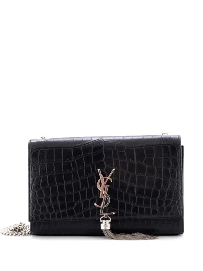 Pre-owned Saint Laurent Classic Monogram Tassel Crocodile Embossed Leather Medium Crossbody Bag In Black