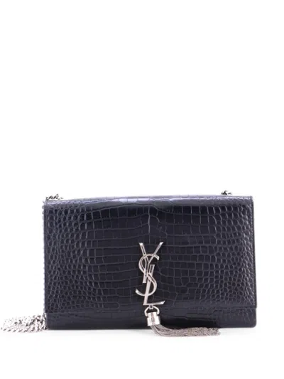 Pre-owned Saint Laurent Classic Monogram Tassel Crocodile Embossed Leather Medium Crossbody Bag In Black