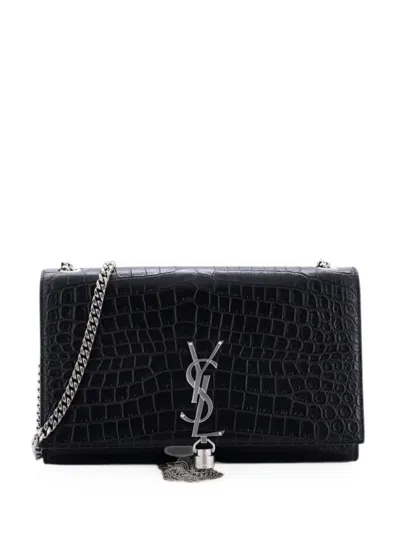 Pre-owned Saint Laurent Classic Monogram Tassel Crocodile Embossed Leather Medium Crossbody Bag In Black