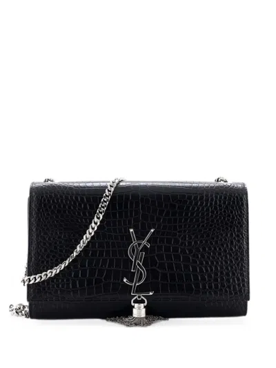 Pre-owned Saint Laurent Classic Monogram Tassel Crocodile Embossed Leather Medium Crossbody Bag In Black