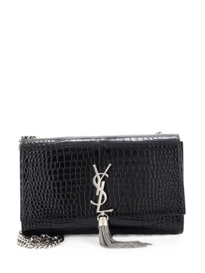 Pre-owned Saint Laurent Classic Monogram Tassel Crocodile Embossed Leather Medium Crossbody Bag In Black