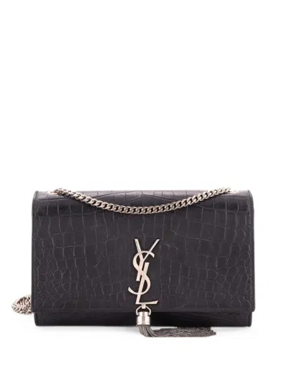 Pre-owned Saint Laurent Classic Monogram Tassel Crocodile Embossed Leather Medium Crossbody Bag In Black