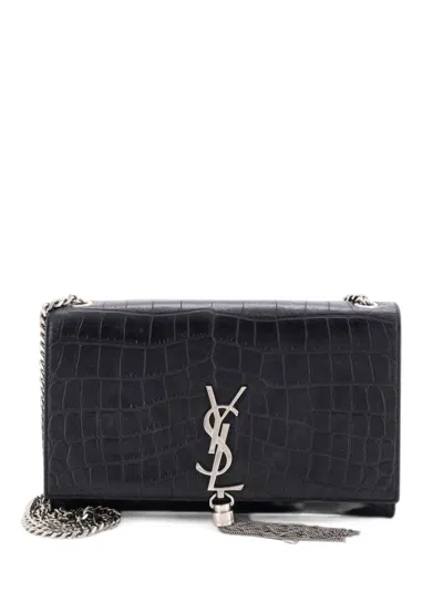 Pre-owned Saint Laurent Classic Monogram Tassel Crocodile Embossed Leather Medium Crossbody Bag In Black