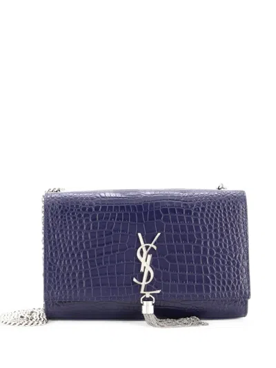 Pre-owned Saint Laurent Classic Monogram Tassel Crocodile Embossed Leather Medium Crossbody Bag In Blue