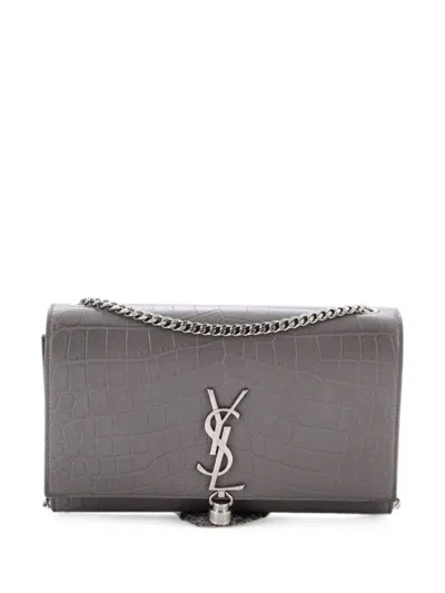 Pre-owned Saint Laurent Classic Monogram Tassel Crocodile Embossed Leather Medium Crossbody Bag In Grey