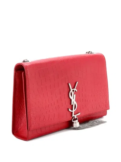 Pre-owned Saint Laurent Classic Monogram Tassel Crocodile Embossed Leather Medium Crossbody Bag In Red