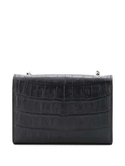 Pre-owned Saint Laurent Classic Monogram Tassel Crocodile Embossed Leather Small Crossbody Bag In Black