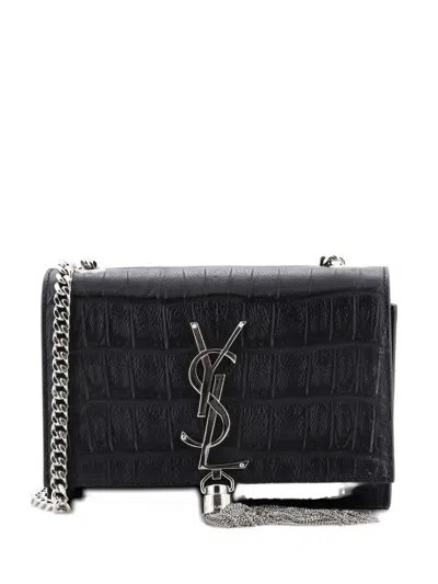 Pre-owned Saint Laurent Classic Monogram Tassel Crocodile Embossed Leather Small Crossbody Bag In Black