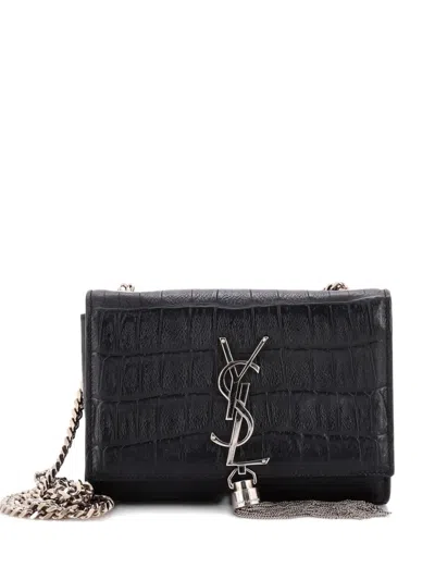 Pre-owned Saint Laurent Classic Monogram Tassel Crocodile Embossed Leather Small Crossbody Bag In Black