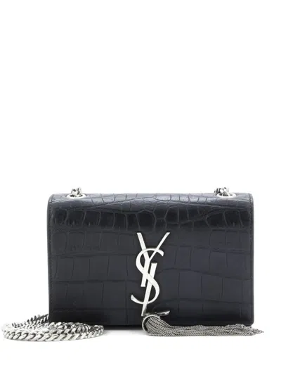 Pre-owned Saint Laurent Classic Monogram Tassel Crocodile Embossed Leather Small Crossbody Bag In Black