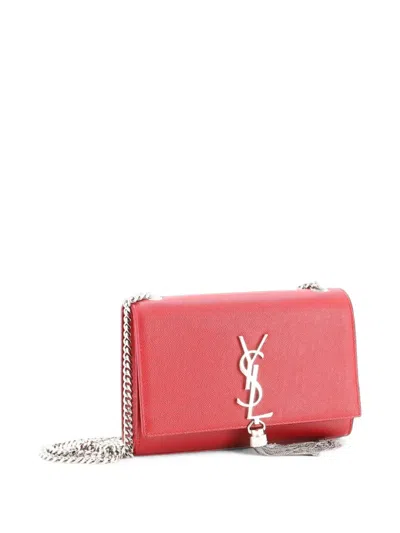 Pre-owned Saint Laurent Classic Monogram Tassel Grainy Leather Small Crossbody Bag In 红色