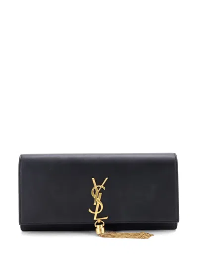 Pre-owned Saint Laurent Classic Monogram Tassel Leather Long Clutch Bag In Black