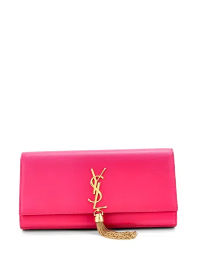 Pre-owned Saint Laurent Classic Monogram Tassel Leather Long Clutch Bag In Pink