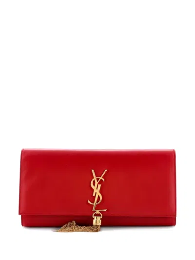Pre-owned Saint Laurent Classic Monogram Tassel Leather Long Clutch Bag In Red