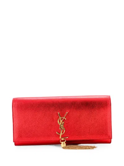 Pre-owned Saint Laurent Classic Monogram Tassel Leather Long Clutch Bag In Silver