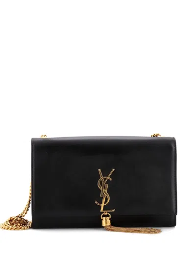Pre-owned Saint Laurent Classic Monogram Tassel Leather Medium Crossbody Bag In Black