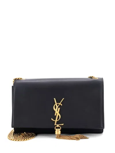 Pre-owned Saint Laurent Classic Monogram Tassel Leather Medium Crossbody Bag In Black