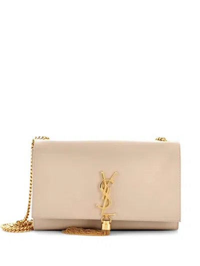 Pre-owned Saint Laurent Classic Monogram Tassel Leather Medium Crossbody Bag In Neutral
