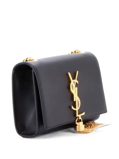 Pre-owned Saint Laurent Classic Monogram Tassel Leather Small Crossbody Bag In Black