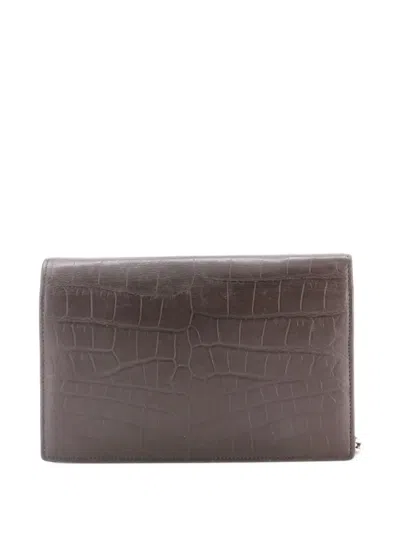 Pre-owned Saint Laurent Classic Monogram Wallet On Chain Crocodile Embossed Leather Small Crossbody Bag In Brown