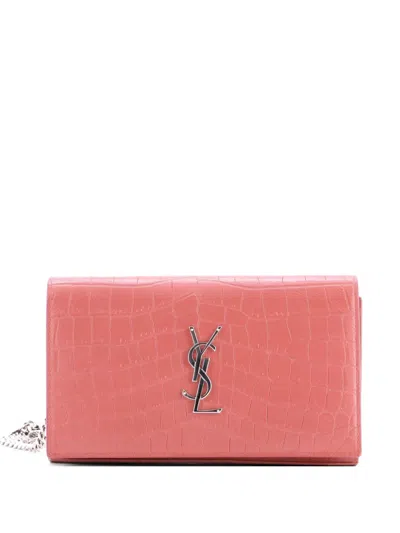 Pre-owned Saint Laurent Classic Monogram Wallet On Chain Crocodile Embossed Leather Small Crossbody Bag In Red