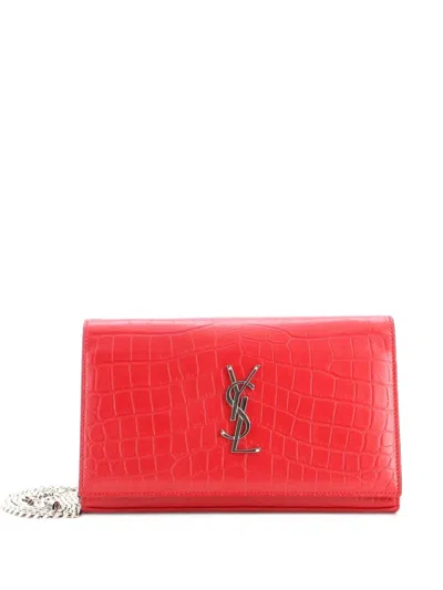 Pre-owned Saint Laurent Classic Monogram Wallet On Chain Crocodile Embossed Leather Small Crossbody Bag In Red
