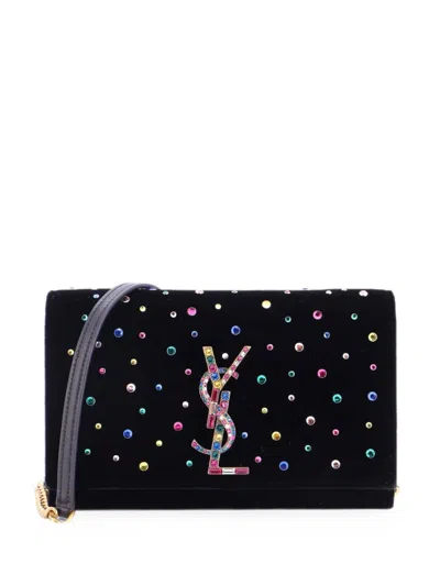 Pre-owned Saint Laurent Classic Monogram Wallet On Chain Embellished Velvet Crossbody Bag In Black